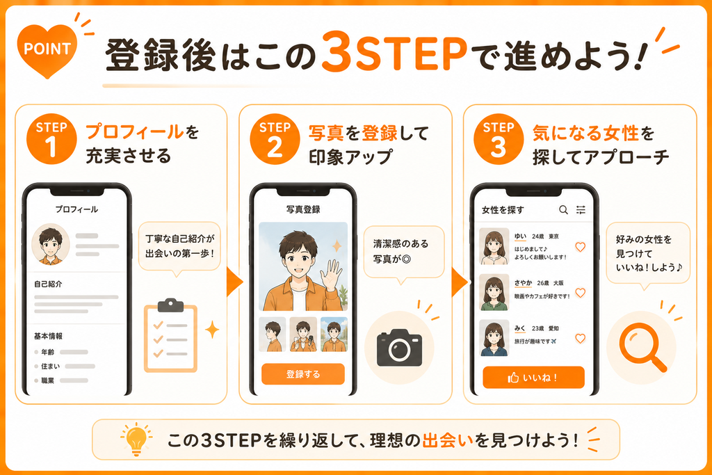 イククル 登録後はプロフィール→写真→女性探し