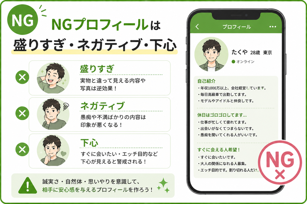 ハッピーメール NGプロフィールは盛りすぎ・ネガティブ・下心