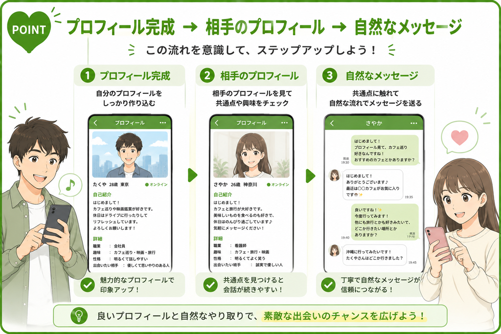 ハッピーメール プロフィール完成→相手のプロフィール→自然なメッセー