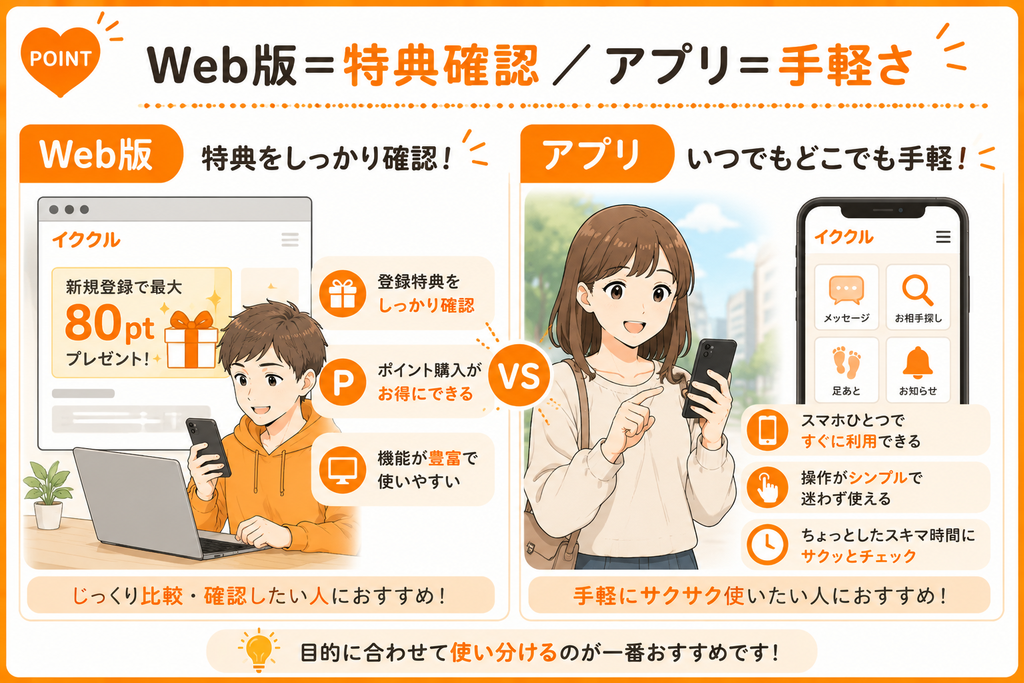 イククル Web版=特典確認/アプリ=手軽さ