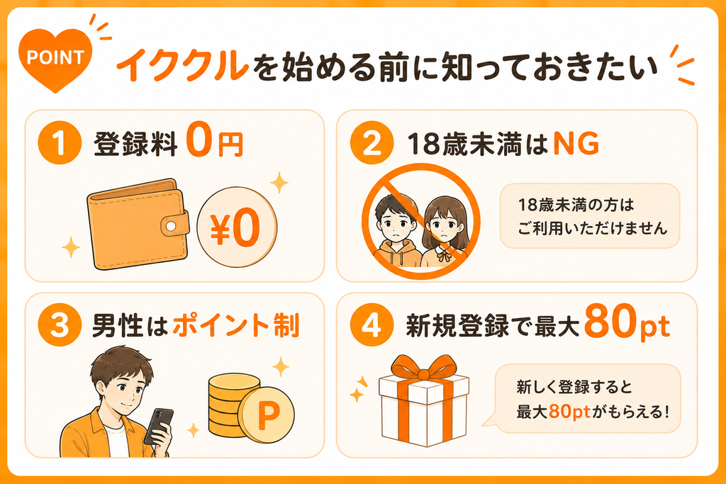 イククル 登録料0円・18歳未満NG・男性ポイント制・最大80pt