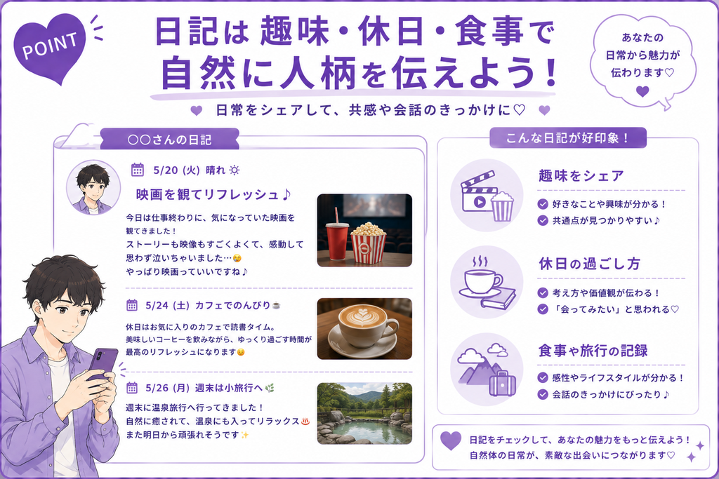 ワクワクメール 日記は趣味・休日・食事で人柄を伝える