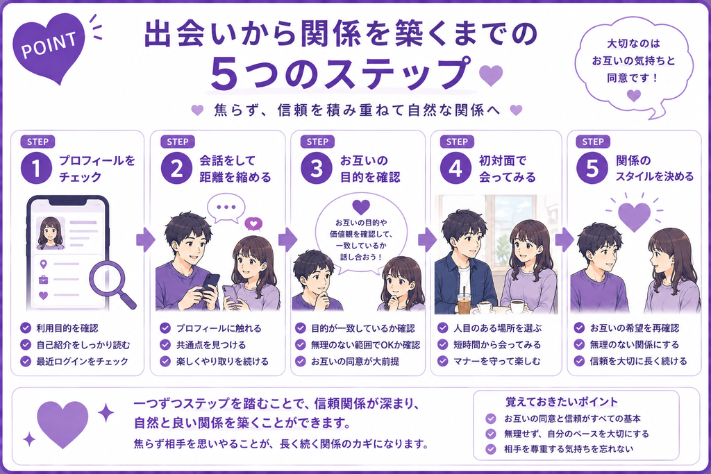 ワクワクメール プロフィール→会話→目的確認→初対面→関係を決める
